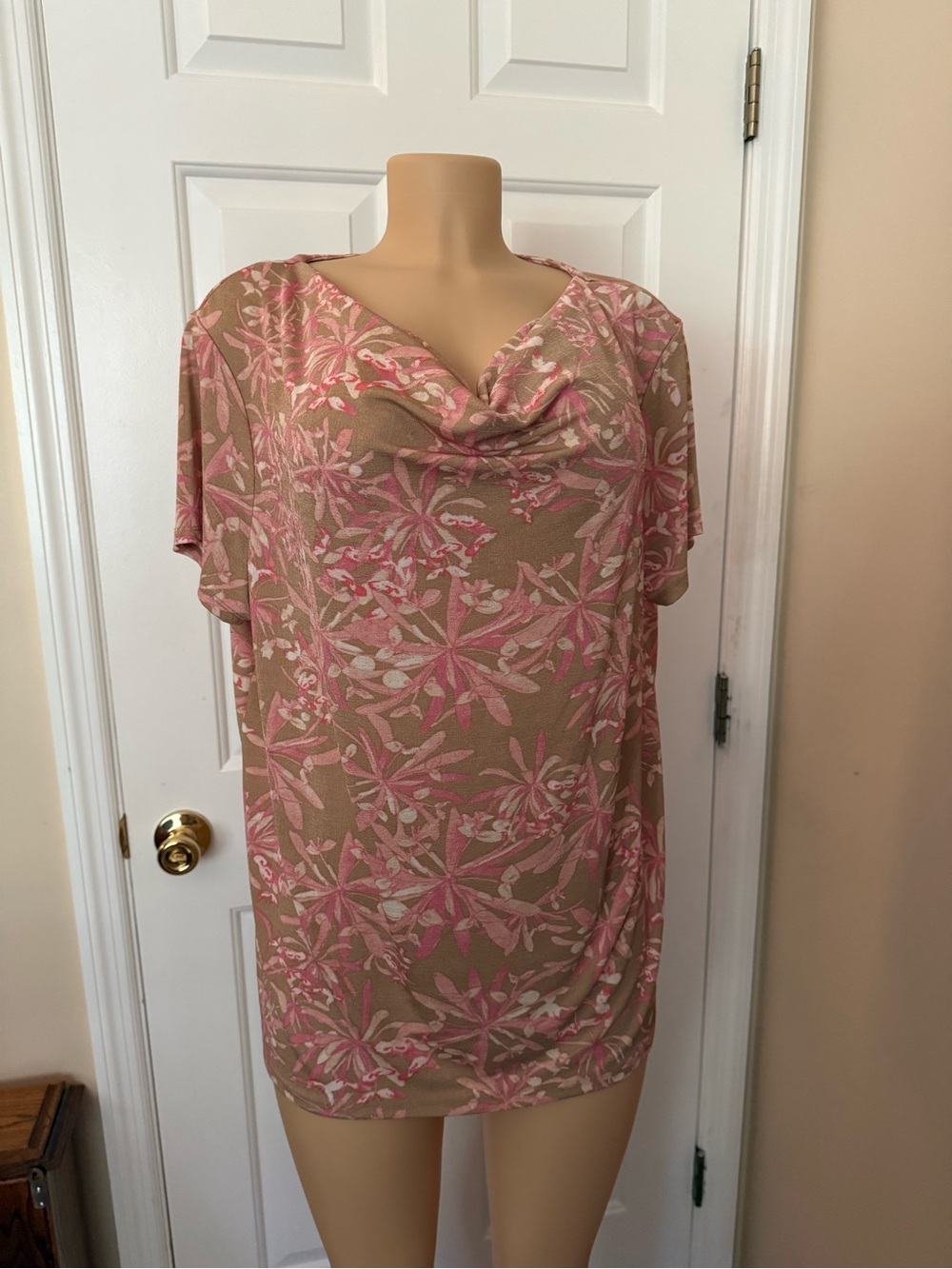Jaclyn Smith Beige Tunic with Pink Floral Print and Cowl Neck